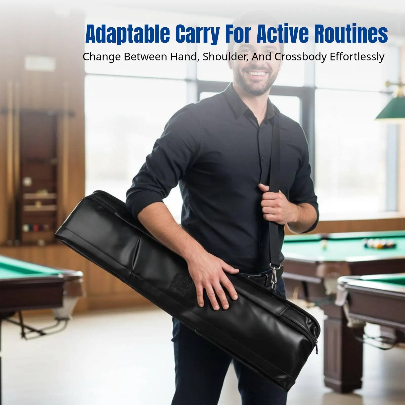 Billiards Accessories Storage Bag for Cue Stick Waterproof PU Pool Cue Case with Double Pockets and Crossbody Strap