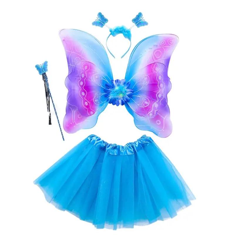 Y1UB Halloween Fairy Costume Set Rainbow for Butterfly Wing Tutu Skirt with Headband and Stick Wand for Girl Dress Up Cosplay