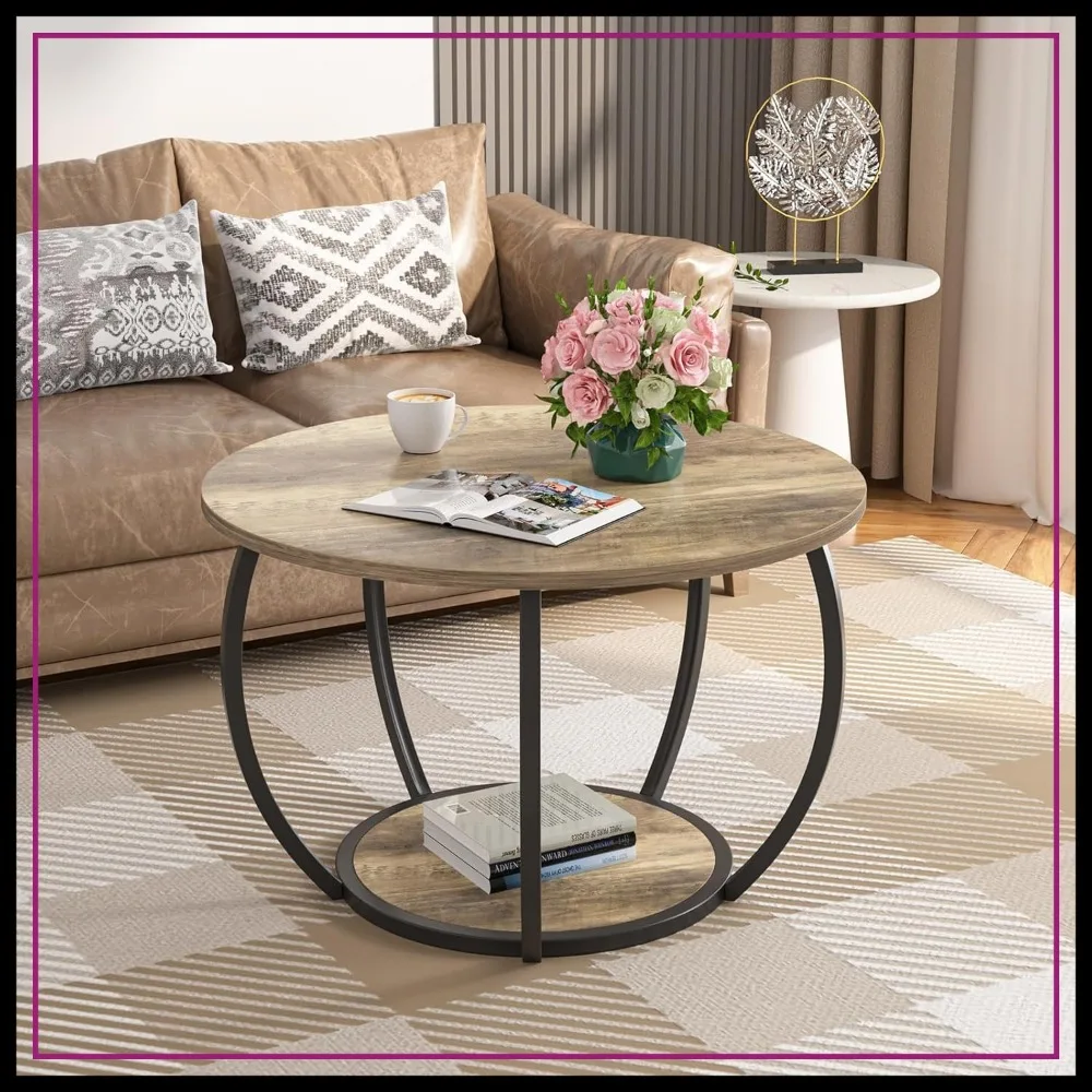 

Round Coffee Table with 2-Tier Storage, 27.6 inch Small Circle Table for Living Room, Adjustable Feet, Grey Wash