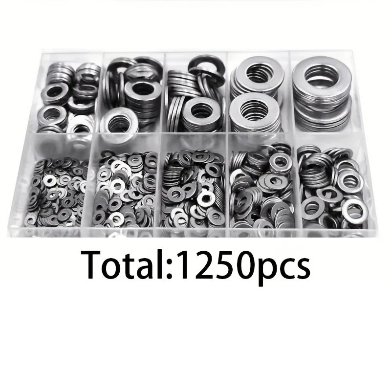 1250 قطعة 304 الفولاذ المقاوم للصدأ غسالات مسطحة مجموعة متنوعة (M2 M2.5 M3m4 M5 M6 M8 M10 M12) مناسبة للديكور المنزل