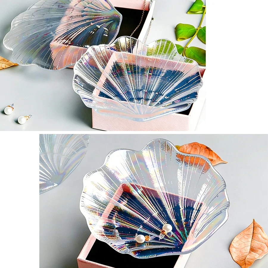 虹色のシェルガラスジュエリートレイ、イヤリング、ネックレス用の装飾皿、小さな化粧品アクセサリーオーガナイザー、写真小道具