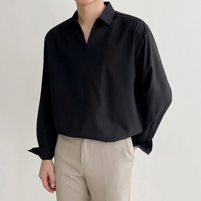 Nuevas camisas coreanas con cuello en V para hombre, estilo caído informal de lujo, Jersey ajustado de manga larga de Color sólido, blusa, Tops de otoño de alta calidad