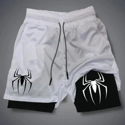 Calções de ginástica com estampa aranha masculina, calça curta esportiva 2 em 1, calção de compressão esportiva casual, malha corrida, novo desempenho