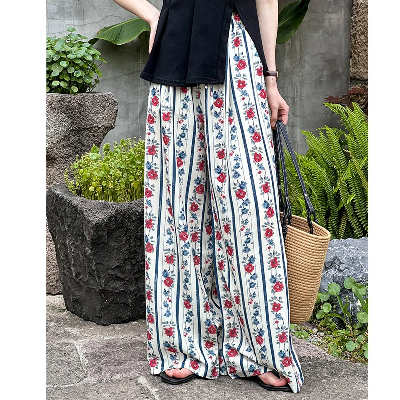 2024 Women Wide Leg Long Pants High Waist Stretch Floral Print Vintage Boho Pants Femme Faldas Jupe Saia Summer Clothes