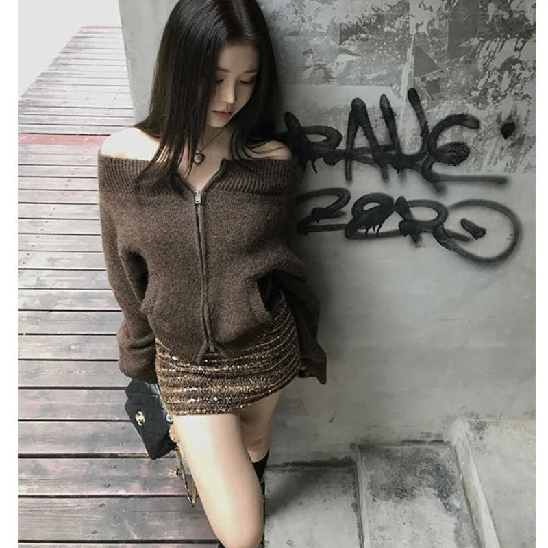 

Deeptown Vintage Sexy Off Shoulder Sweater Women Korean Style Brown Zipper Cardigan Slash Neck Causal Solid Long Sleeve Jumpers