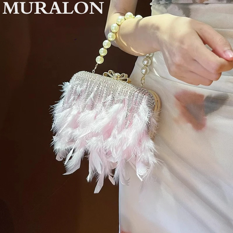 Handheld Pearl Chain Feather Evening Bag Women Rhinestone Tassel Bowknot Small Square Bag Fashion Dinner Dress Box Handbag Lady