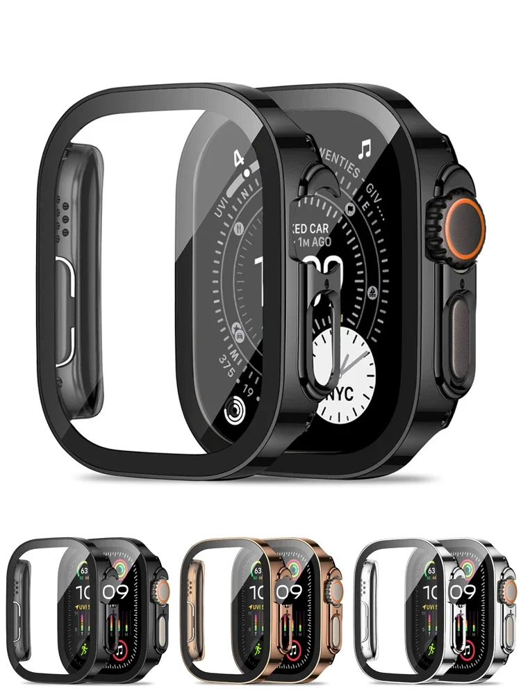 Displayschutzfolie für Apple Watch Case Ultra 2 3 49 mm, Zubehör, gerade Kante, schützende PC-Stoßstange + iWatch-Abdeckung aus gehärtetem Glas