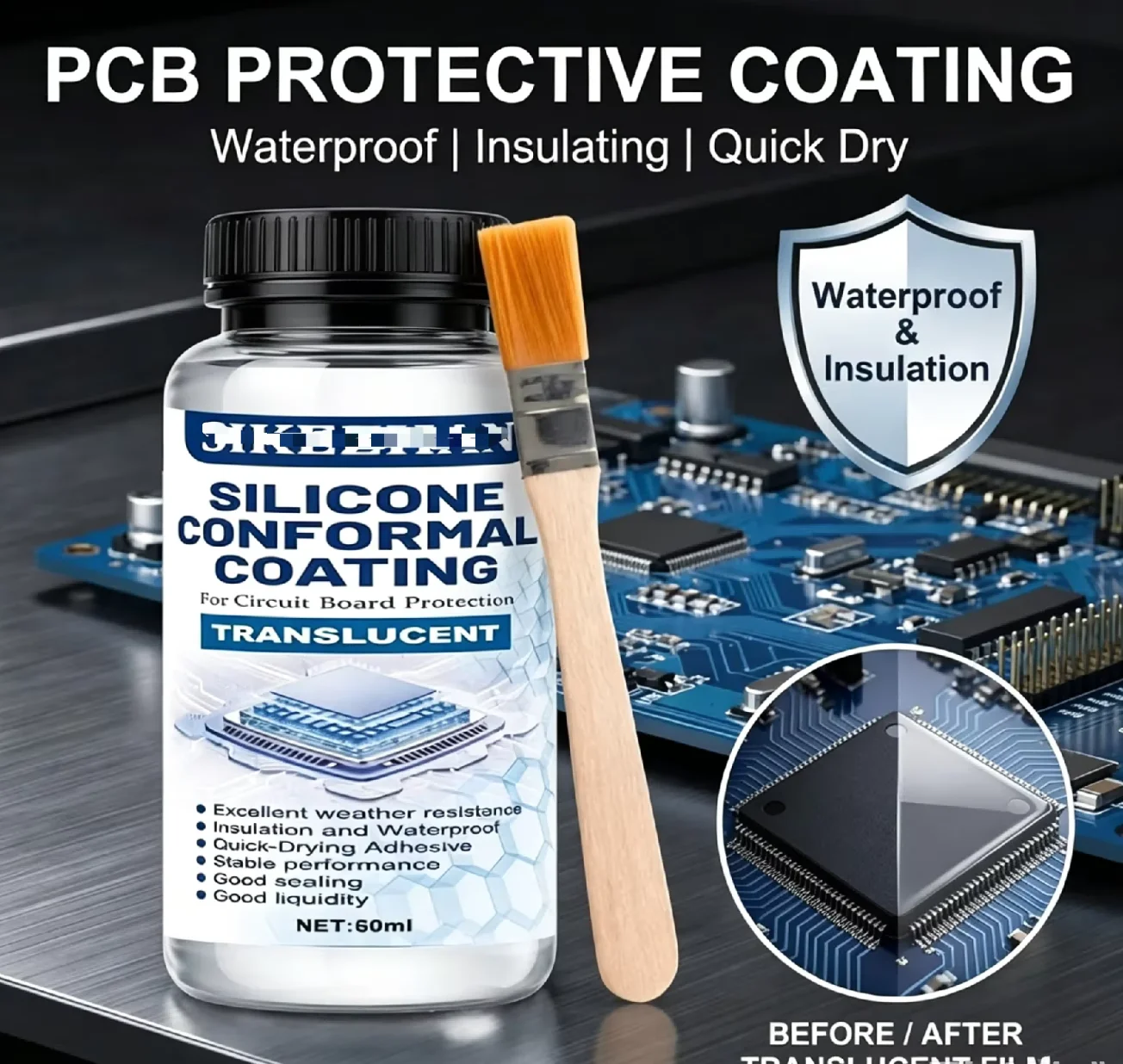 60ml PCB Conformal Coating Electronic Circuit Board Waterproof Insulation Liquid Protective Varnish Fast Dry Sealer with Brush
