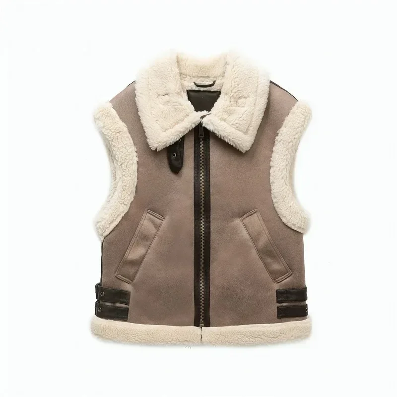 2024 Autumn Winter New Ladies Warm Fur Integrated Sleeveless Fleece Stitching Coat Vest Jacket