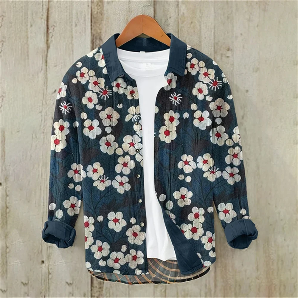 Men's Long Sleeve Shirt Linen Shirt Art Floral Illustration Japanese Retro Casual Comfort Extra Large Size Men's Clothing