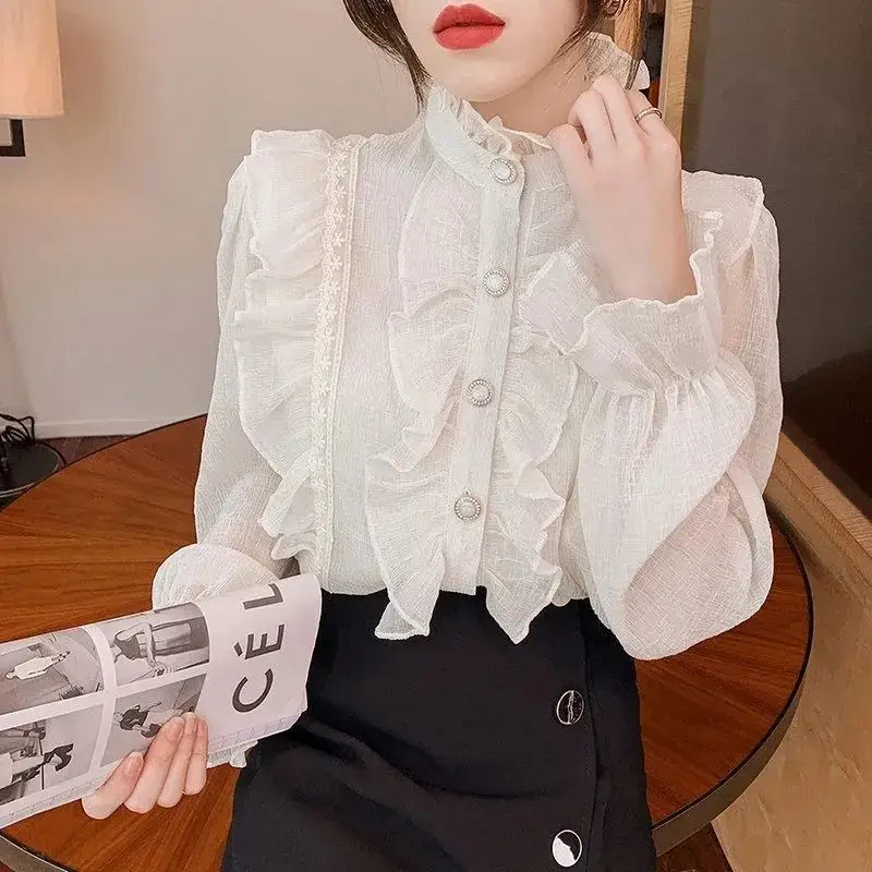 Woman Ruffle Lace Chiffon Shirt Elegant Long Puff Sleeve Female Blouse Tops Stand Collar Buttons Blouses Casual Clothes Q122