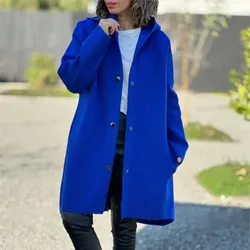 Autumn And Winter New Solid Color Woolen For Women's Long Sleeve Coat Elegant Fashion Pocket Casual Loose Female Hooded Coat2024