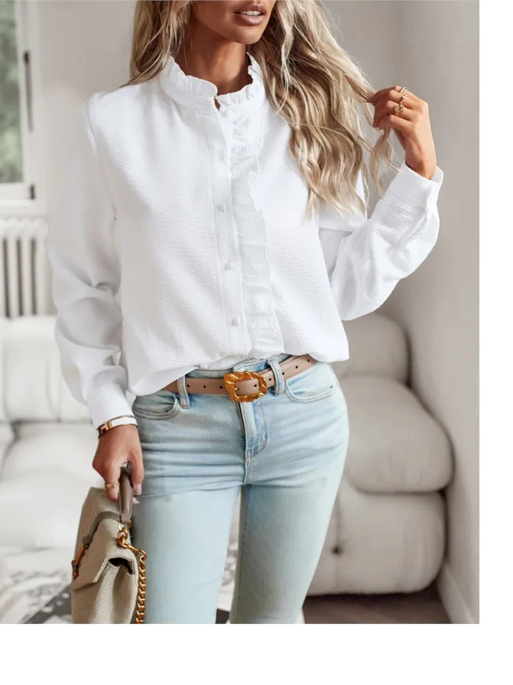 

Autumn Women's Shirt Elegant Office Solid Color Long Sleeve Ladies Top Fashion Ruffle Shirts Button Loose Long Sleeve Shirt Tops