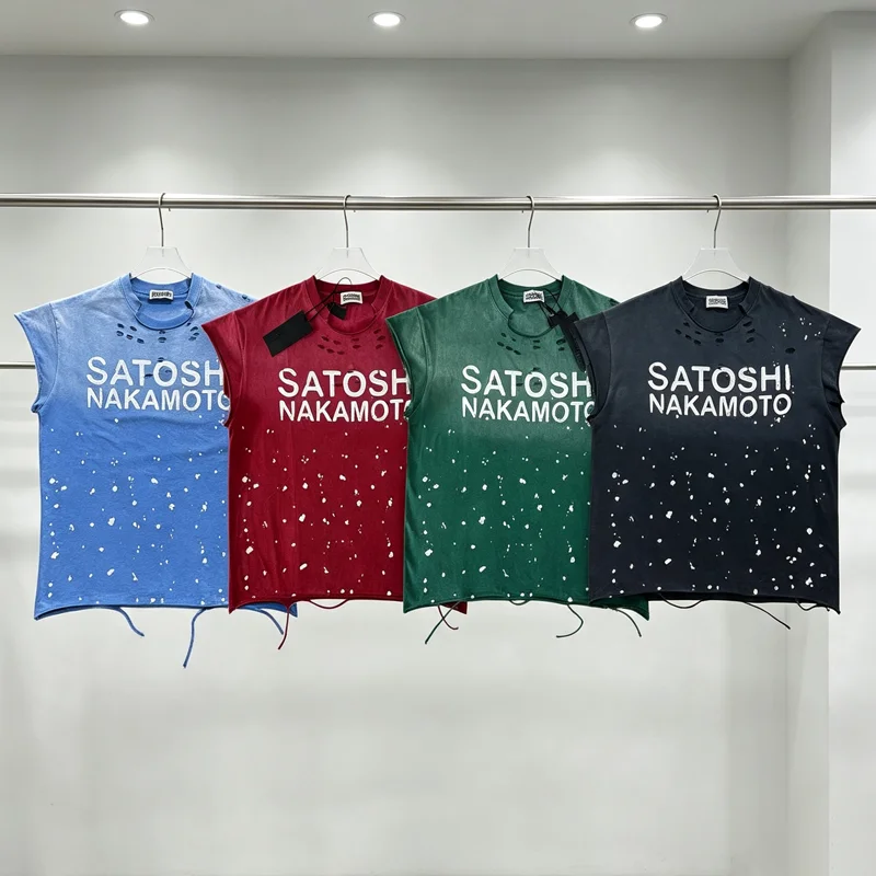 High Street Trend American Style Hip Hop Men Women Satoshi Nakamoto Tops Distressed Washed Splashed Ink Fashion T-shirts