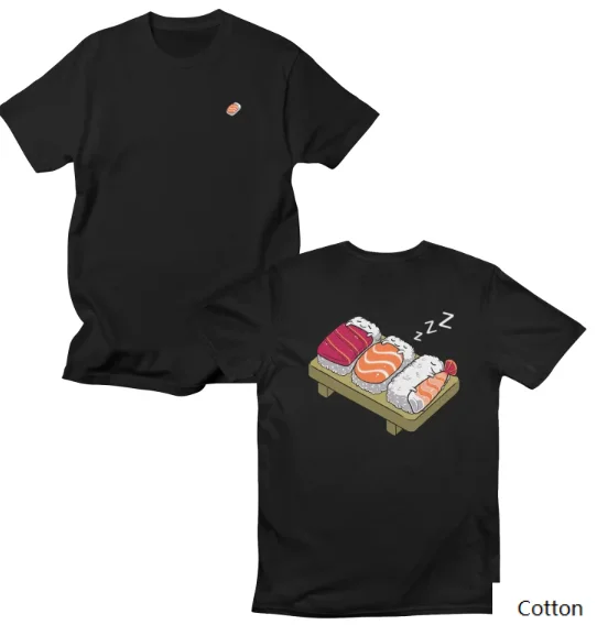 

Whimsical Japanese Sushi Cotton Crew Neck T Shirt with An Eye - Catching Print of Sleeping Sushi on The Back Arrival Tee S-4XL
