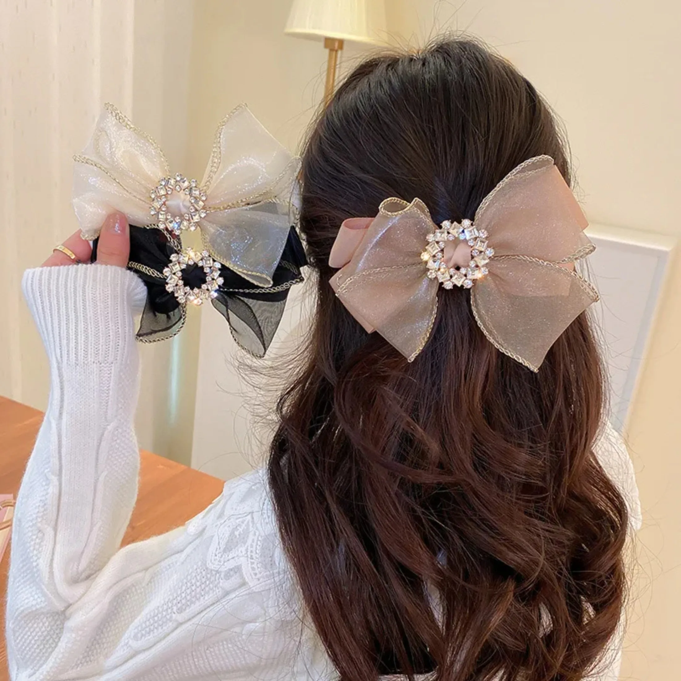 Diamond-encrusted Flower Organza Bow Hair Clip Fashion Temperament Spring Clip Exaggerated Hair Accessories