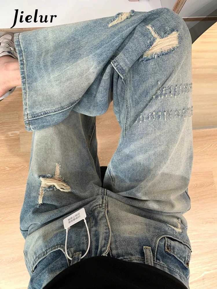 Nieuwe Basis Hoge Taille Chic Gewassen Holle Damesjeans Amerikaanse Mode Distressed Vintage Losse Damesbroek Met Wijde Pijpen