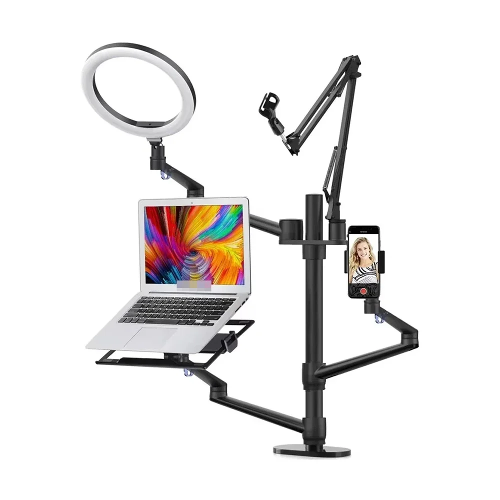 All In One Aluminum Alloy Live Broadcast Stand LED Ring Light Microphone Desk Holder Universal For Laptop Phone Tablet Studio Po