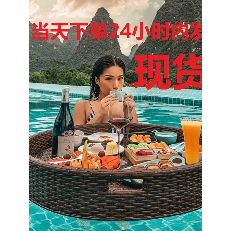 Floating Serving Tray Round Rattan Heart Shaped Basket for Women Home Decor Poolside Dining Villa Party Waterproof Tableware