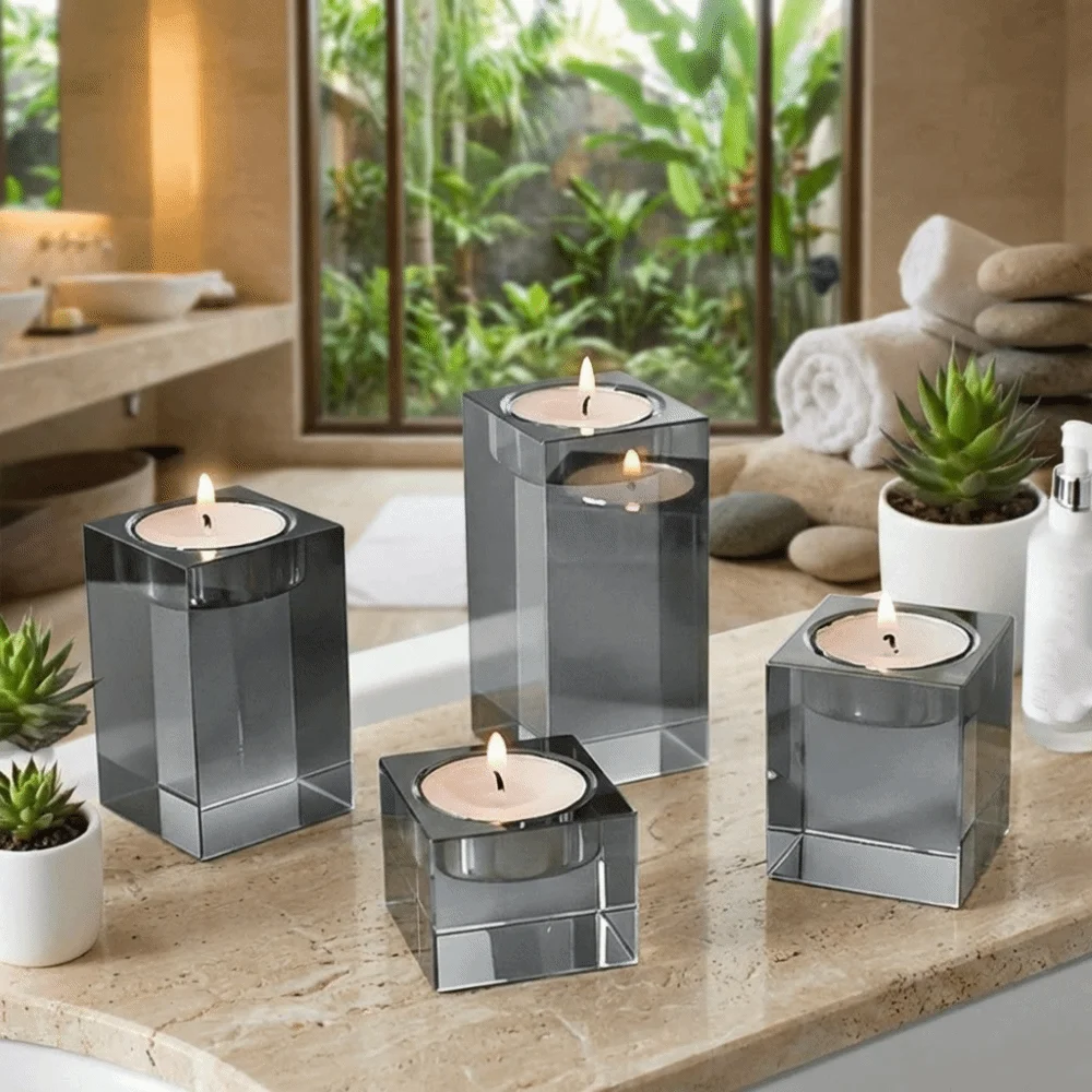 Romantic Candle Holders Sparkling Resin Single-Head Candle Stand 4/6/8/10 CM Cubic Prism Tealight Candlestick Family Gathering