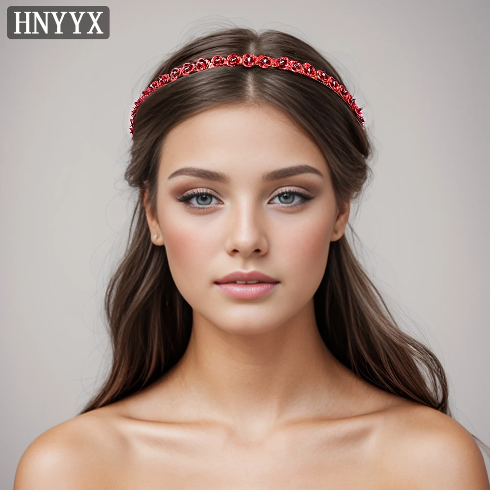 HNYYX Fashion Red Alloy Flower Hair Hoop for Woman High Quality Thin Rhinestone Headband Simple Crystal Hair Accessorie A14