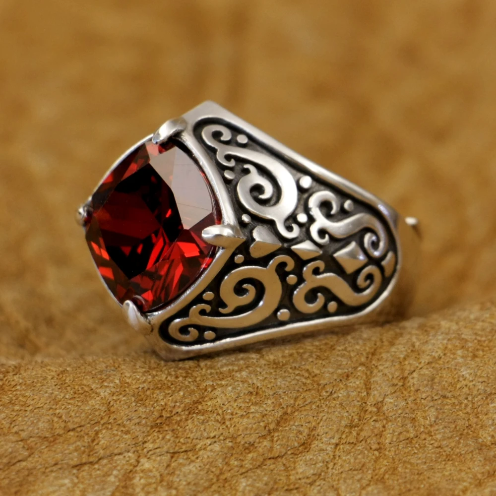 Red CZ Stone 925 Sterling Silver Texture Charms Ring TA502 US Size 4~13 BZ