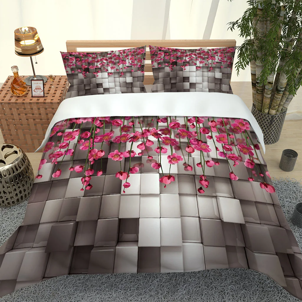 HUANZHUANG Bedding Sets with 2 Pillowcase Printed Duvet Cover King Size Set Hypoallergenic Microfiber 3D Red Flower Vine Ideas