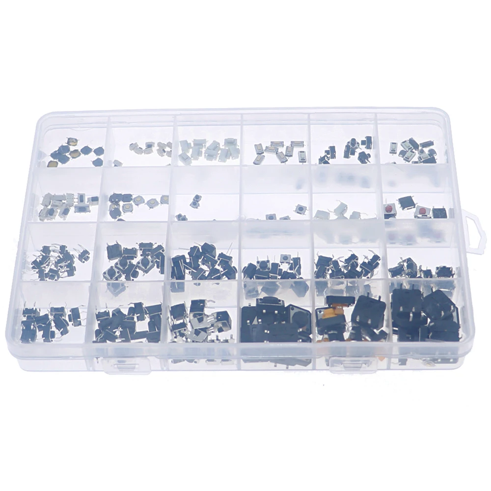 250pcs 25Type Micro Switch Assorted Push Button Tact Switches Reset Mini Leaf Switch SMD DIP 2*4 3*6 4*4 6*6 Diy Mixed Box kit