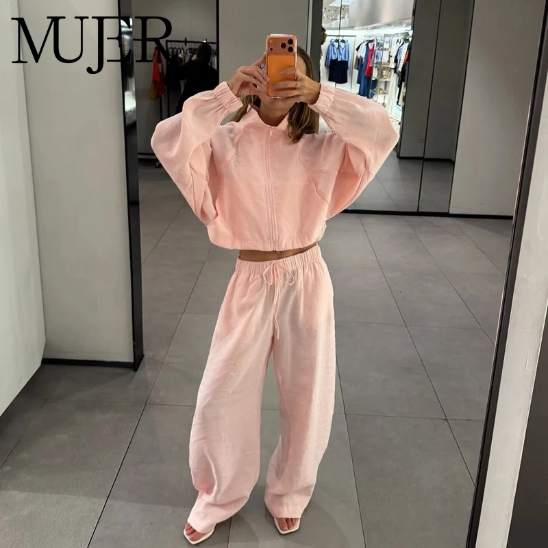 MUJER Wide Leg Pants Sets for Women 2 Pieces Mid Waist Pleated Women's Pants Suit Summer Cropped Jacket Woman Outfit Trousers