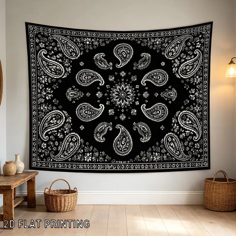 Mandala Paisley Wall Tapestry, Black Base White Floral Paisley Print, Vintage Boho Art Hanging for Living Room Wall Decor