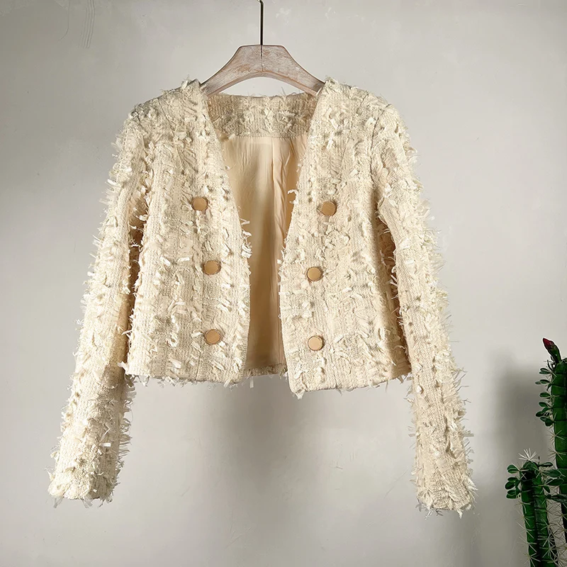 Fashion High Quality Women Pink V Neck Tweed Cropped Jacket Coat French Autumn Winter Double-Breasted Tassel Cardigan Short Tops