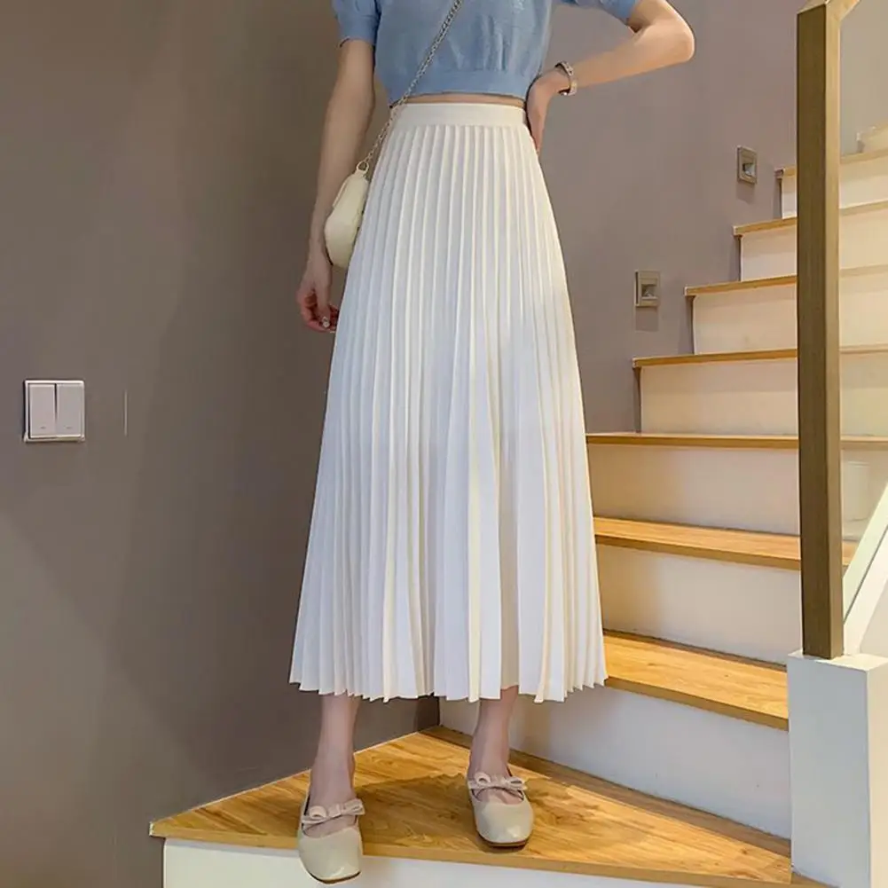 

Slimming Skirt Daily Wear Women Pleated Midi Skirt Solid Color Elastic High Waist Short Dress Ladies Smooth Outline Skirt