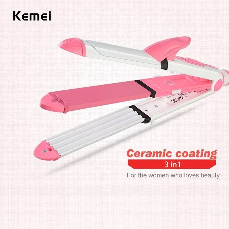 Kemei-セラミックストレートアイロン,3 in 1,コーンクリップ付き,KM-1213