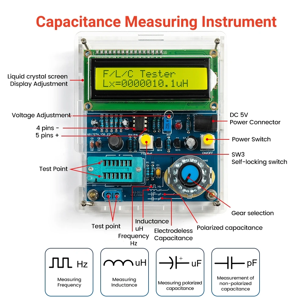 Imagem -02 - High Precision Lcd Frequency Meter Indutância Digital e Capacitância Medição Instrumento Cabo de Dados Usb Kit Faça Você Mesmo dc 5v Medidor de Indutância Digital