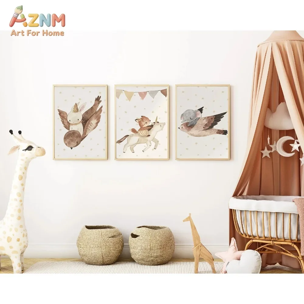 AZNM 3Pcs Watercolor Flying Animal Canvas Wall Art, Bunny Fox Koala Unicorn Star Print Frameless Canvas Painting,