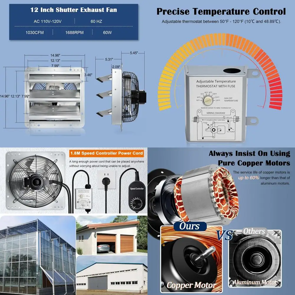 

12-настенный вытяжной вентилятор с жалюзи для различных помещений с термостатом и контролем скорости