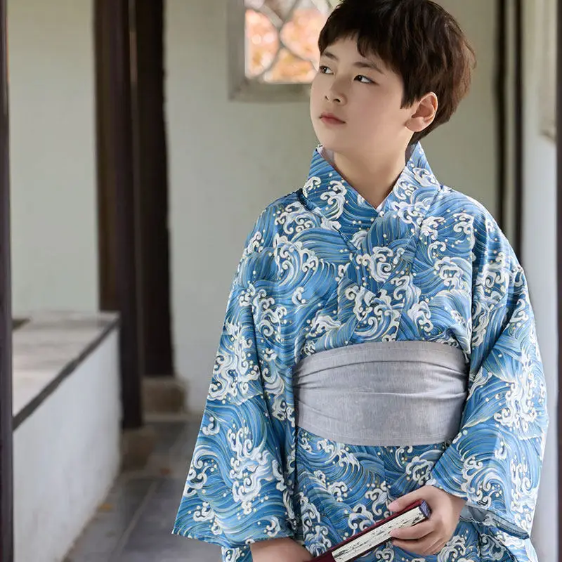 

2026 New Boys Japanese Traditional Clothes Child Retro Japanese Kimono With Belt National Flower Print Kimono Vintage Yukata