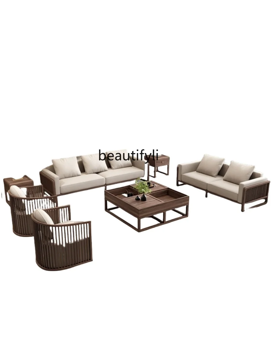 

Modern new Chinese black walnut living room sofa combination Chinese style solid wood medium and small apartment leather sofa