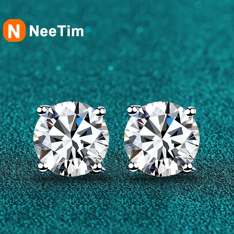 NeeTim Real 0.1-2 Carat D Color Moissanite Earrings For Women 100% 925 Sterling Silver with White Gold Plated Wedding Jewelry