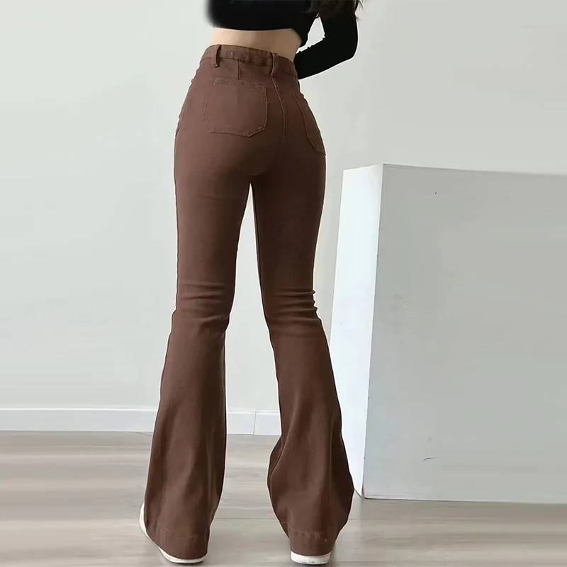 Women Flared Jeans Loose Denim Pants Bottom Straight High Waist Stretch Spring Autumn Solid Color Female Fashion Streetwear
