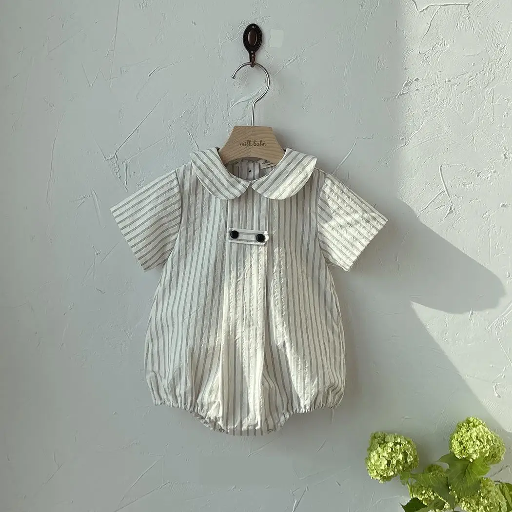 2025 Summer New Baby Short Sailor Collar Bodysuit Infant Toddler Lapel Casual Striped Jumpsuit Boy Girl Newborn Clothes 0-24M