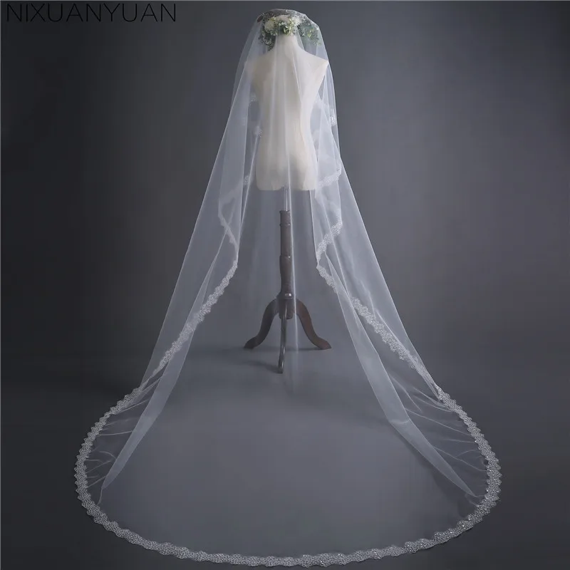 2022 Wit/Ivoor Bruiloft Sluier 3M Lange Kant Mantilla Kathedraal Bridal Veil Bruiloft Accessoires Veu De Noiva Real foto 'S