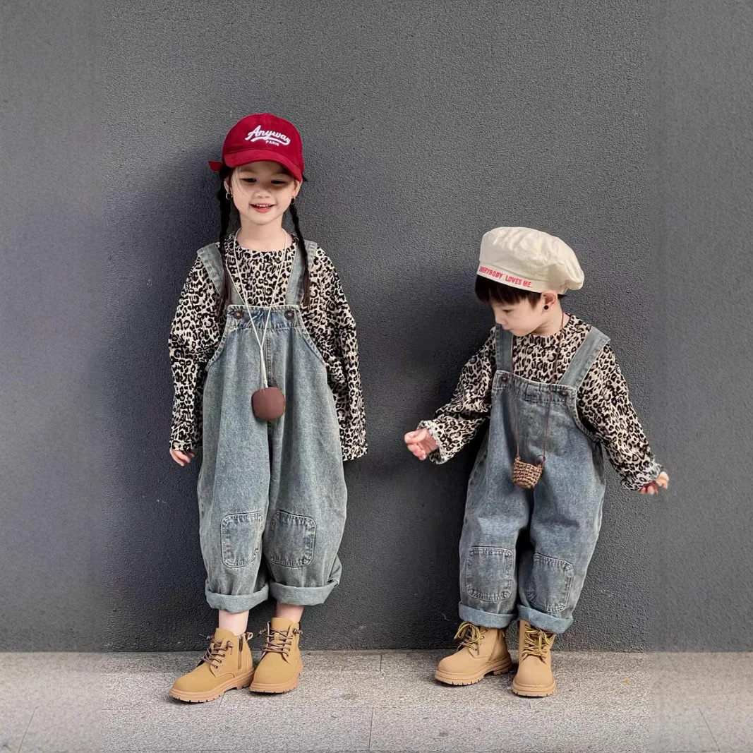 Girls Set 2025 Autumn New Korean Version Leopard Print Loose Bottom Shirt Retro Overalls Two-piece Set Daily Fashion Casual