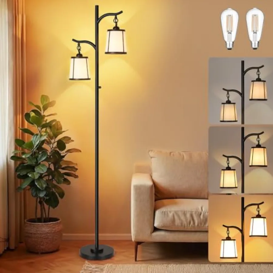 Farmhouse Floor Lamp for Living Room 67'' Tall Floor Lamp with 2 Hanging Smooth Faux Leather Lamp Shade Vintage Dimmable Standi