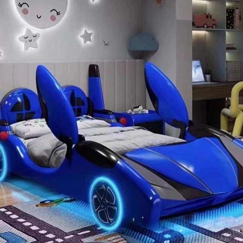 Internet celebrity bedroom with guardrail student sports car bed cartoon single storage solid wood bed 2
