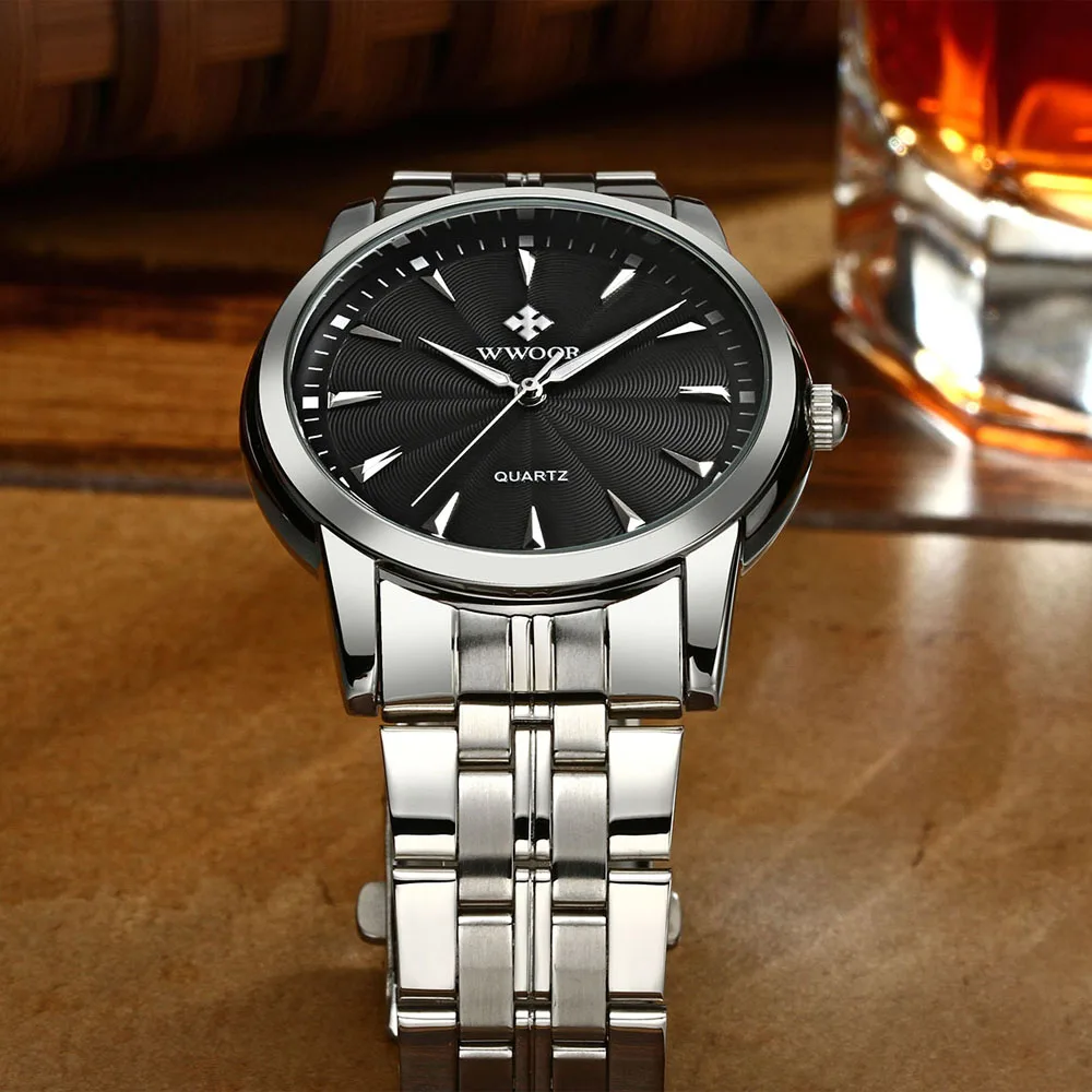 WWOOR Top Fashion Men Watch Silver Stainless Steel Male Clock Sports Waterproof Quartz Luxury Wristwatches Men Relogio Masculino