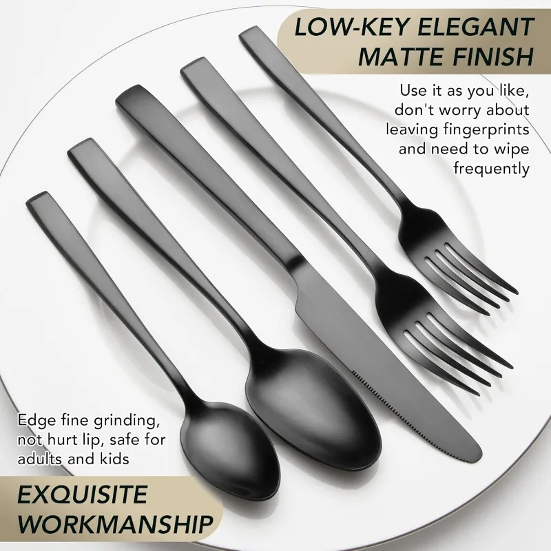 Matte Black Silverware Set, 40-Piece Premium Stainless Steel Black Cutlery Set for 8, Matte Flatware Set