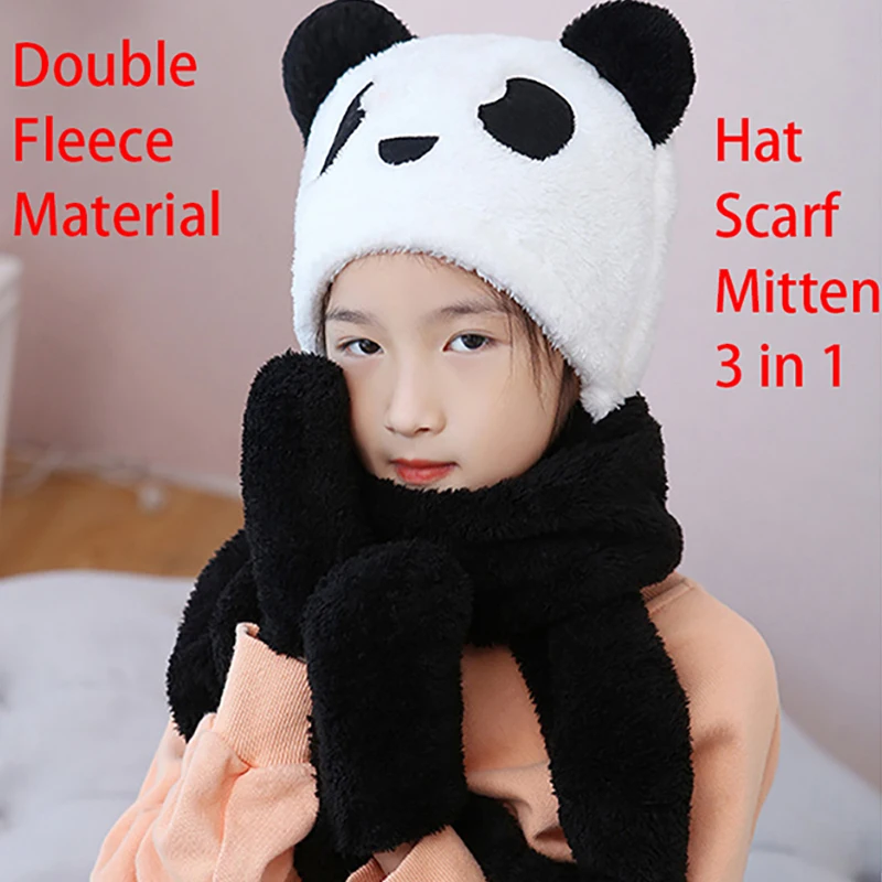 3 in 1 Winter Animal Hat Scarf Mitten Combo Panda Bear Cute Hood Hoodie Hats Plush Animal Beanie