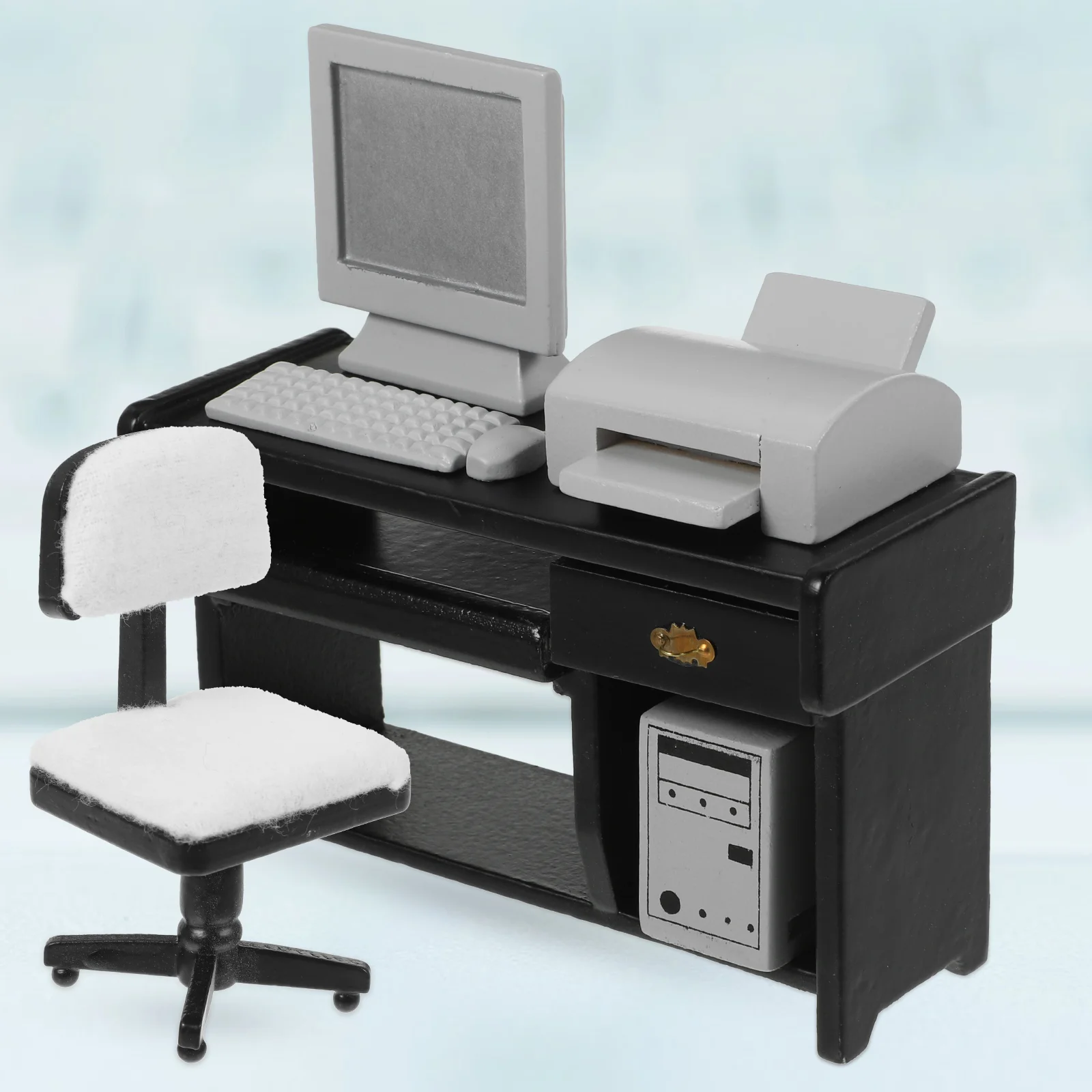 Mini Printer Model Office Scene Props Computers Miniature Furniture and Accessories Desk Black Wood