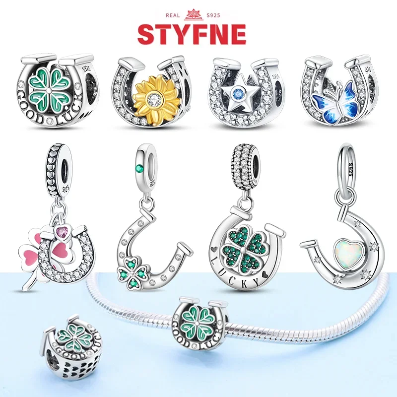 

Silver S925 Lucky Charms Colorful Four-leaf Clover Horseshoe Beads Fit Pandora Original Bracelets for Women Party Fine Gifts DIY